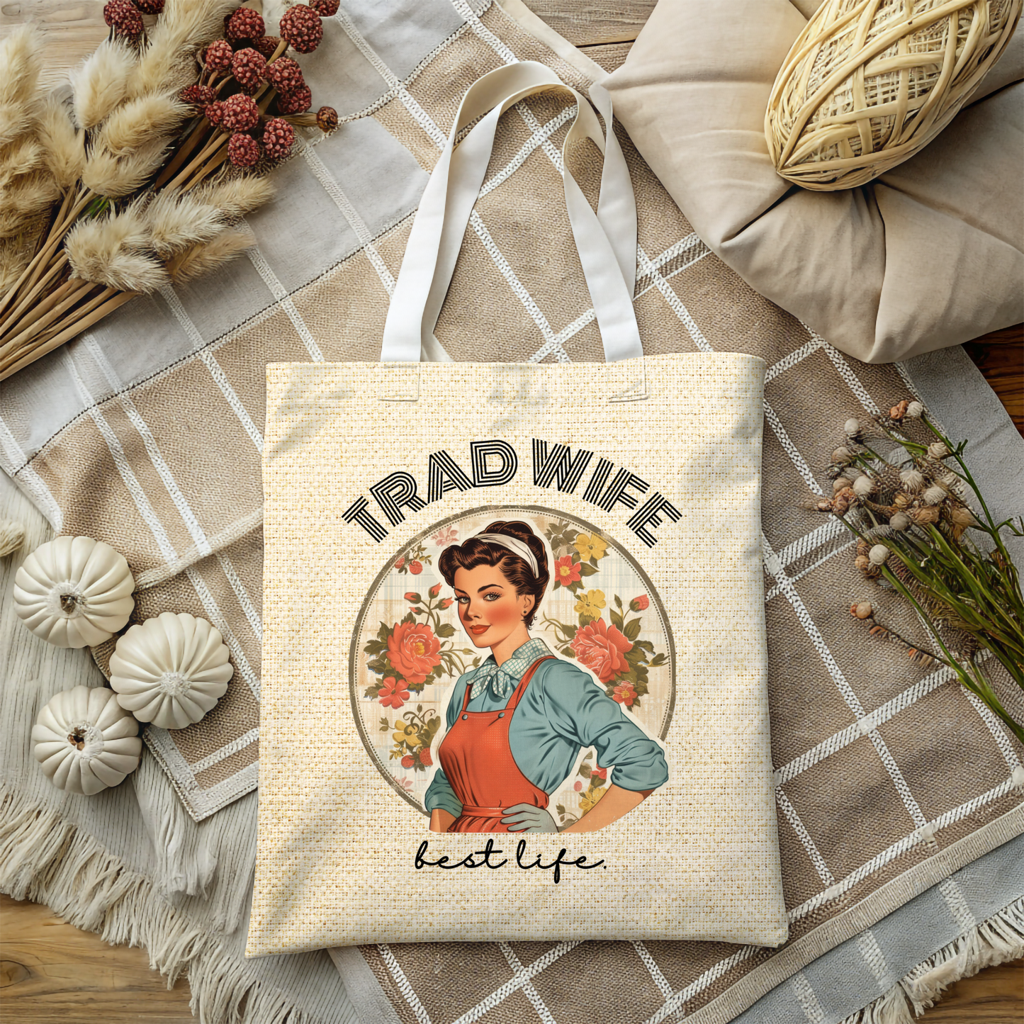 Trad Wife Tote Bag (AOP), Wifey Travel Bag, Wifely Gift, Vintage Housewife Overnight Bag, Trad Wife Accessories, Getaway Bag, Bible Bag, Book Bag, Beach Bag