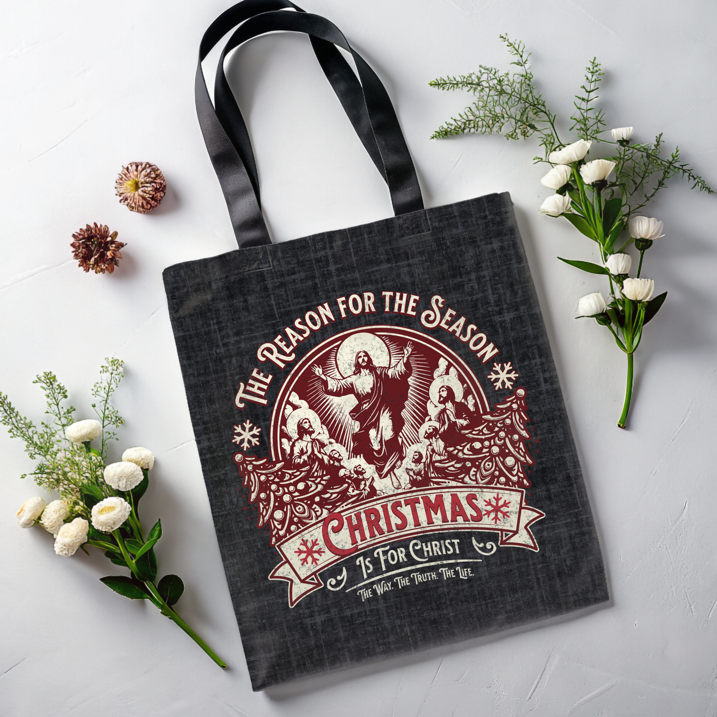 Jesus is the Reason Christmas Tote Bag, Christmas is for Christ, The Way the Truth the Life, Travel Bag, Bible Bag, Gift for Christmas Party, Book Bag, Getaway Bag, Secret Santa Gift