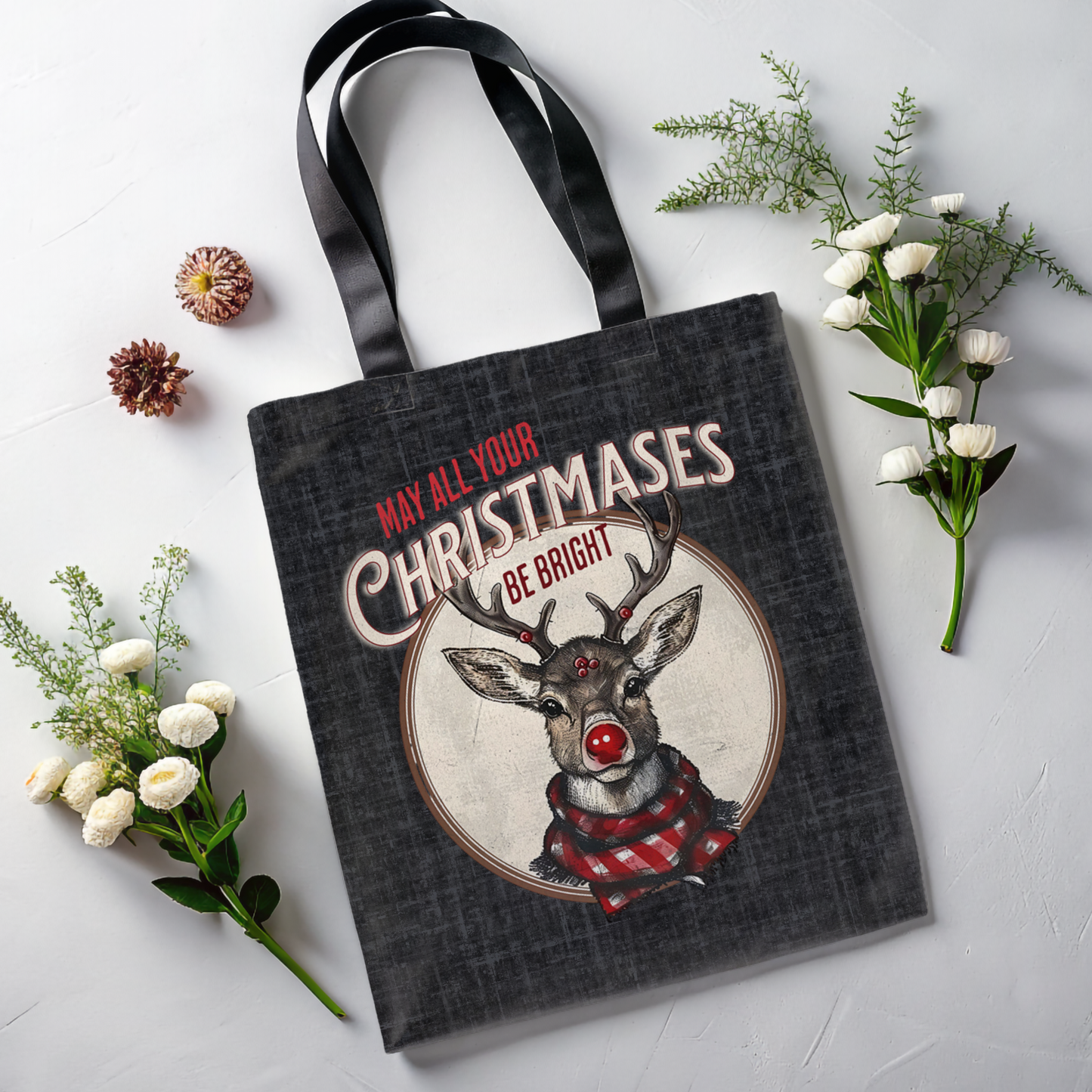Christmas Reindeer Tote Bag, May all your Christmases be Bright, Travel Bag, Bible Bag, Gift for Christmas Part, Book Bag, Getaway Bag, Secret Santa Gift