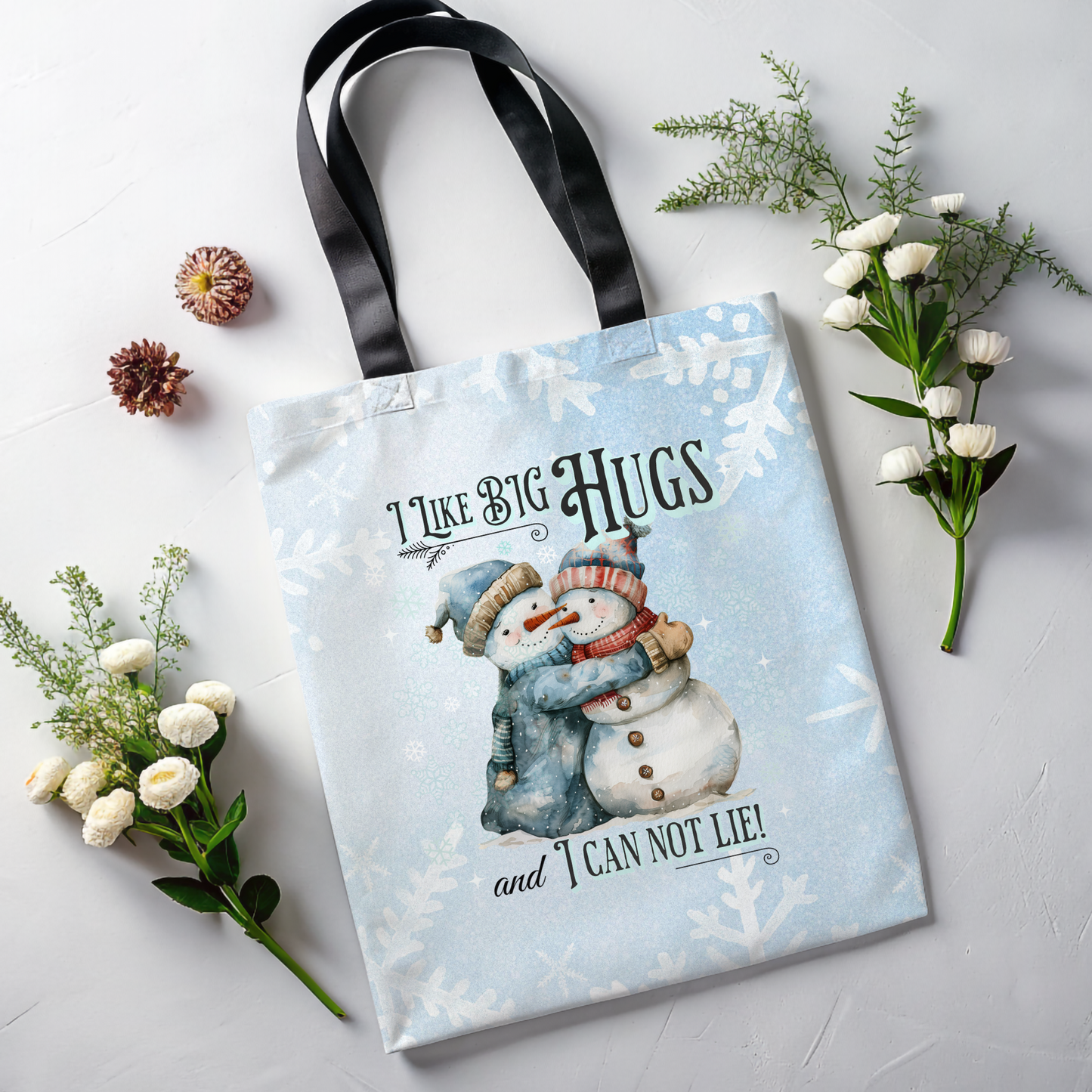 Snowman I Like Big Hugs Tote Bag, Christian Merch, Christmas Travel Bag, Bible Bag, , Book Bag, Getaway Bag, Secret Santa Gift, Gift for Church People