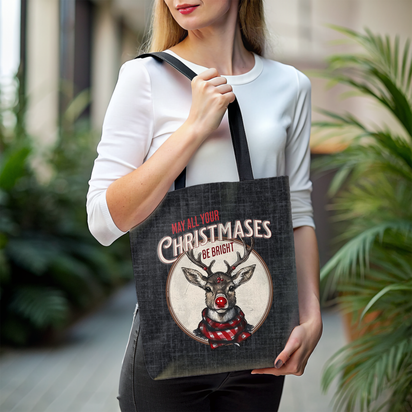 Christmas Reindeer Tote Bag, May all your Christmases be Bright, Travel Bag, Bible Bag, Gift for Christmas Part, Book Bag, Getaway Bag, Secret Santa Gift