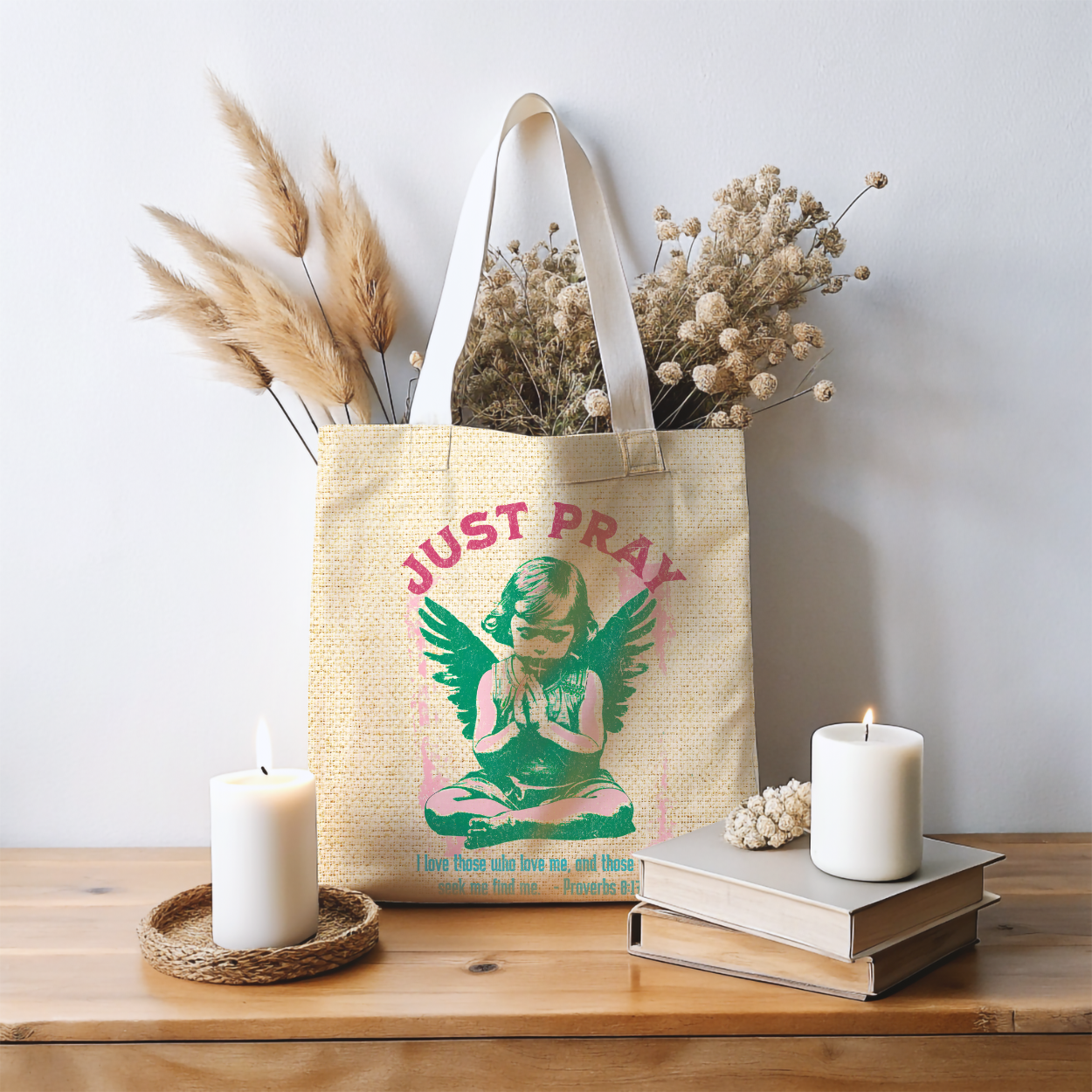 Just Pray Tote Bag, Christian Merch, Gifts of the Holy Spirit, Travel Bag, Bible Bag, Book Bag, Getaway Bag, Secret Santa Gift, Gift for Church People