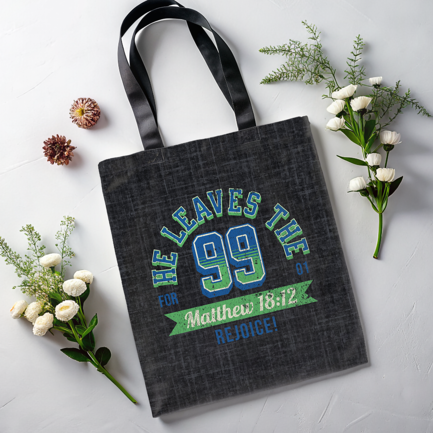 He Leaves the 99 Tote Bag, Christian Merch, Gifts of the Holy Spirit, Travel Bag, Bible Bag, Book Bag, Getaway Bag, Secret Santa Gift, Gift for Church People