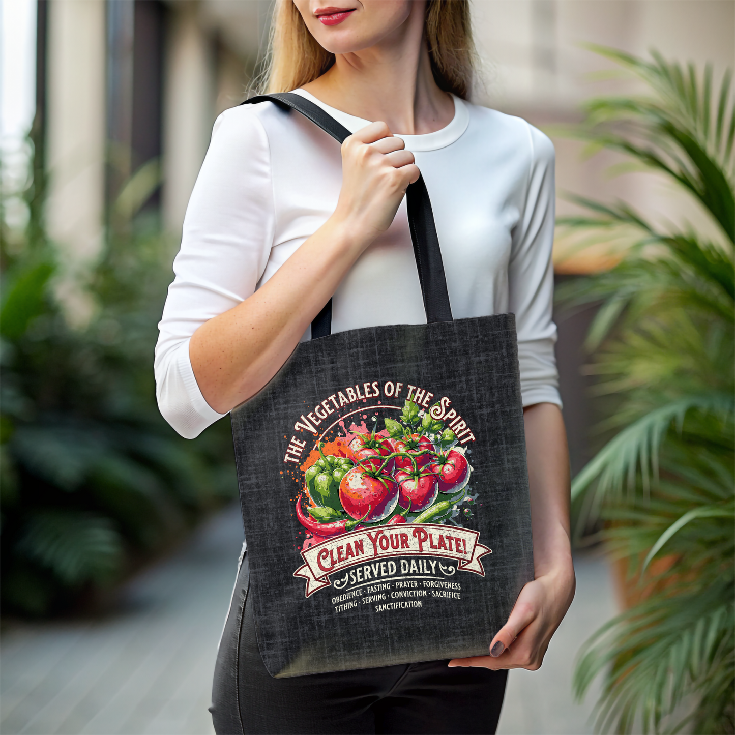 Vegetables of the Spirit Tote Bag, Travel Bag, Bible Bag, Gift for Church Member, Book Bag, Getaway Bag, Vacation Bible School, Church Camp Bag