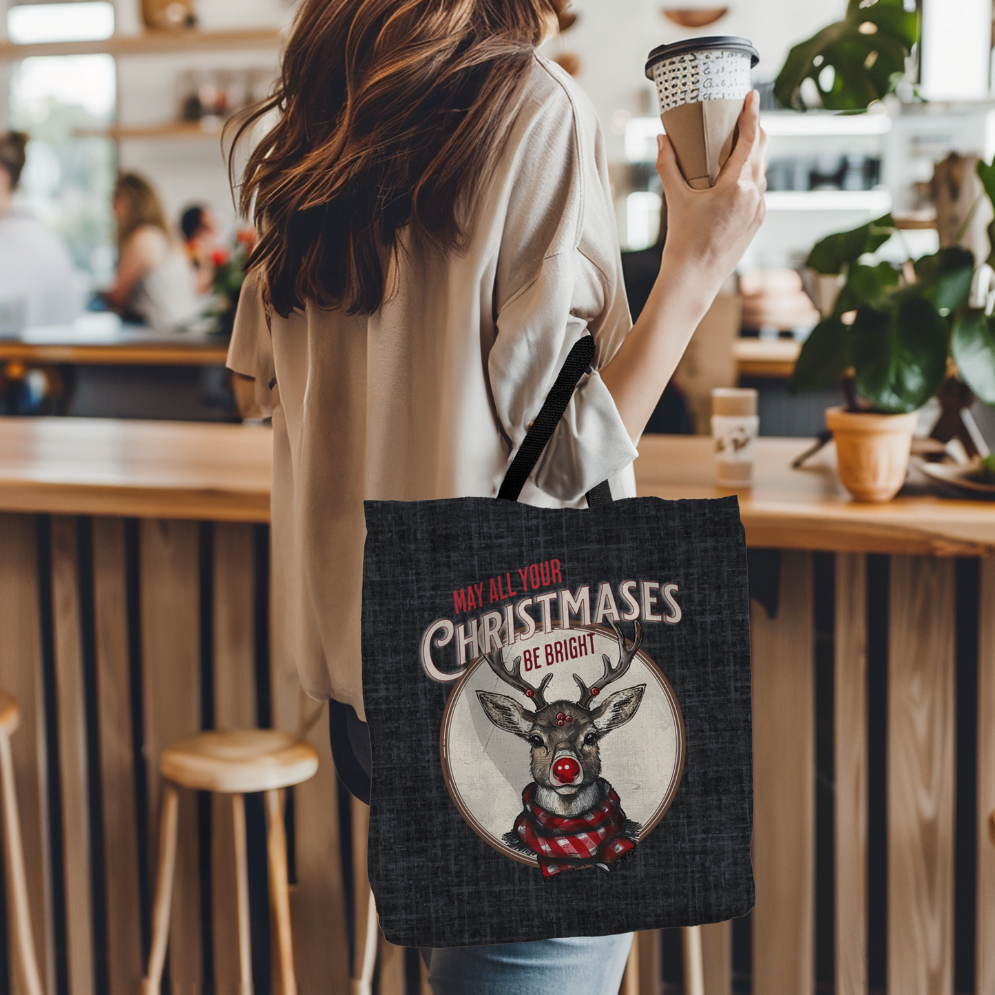 Christmas Reindeer Tote Bag, May all your Christmases be Bright, Travel Bag, Bible Bag, Gift for Christmas Part, Book Bag, Getaway Bag, Secret Santa Gift