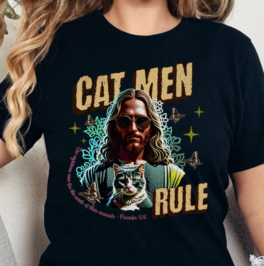 Cat Men Rule Jesus Tee, Cuddling Cat Christian Shirt, Unisex Christian T-Shirt, Funny Cat Lover Gift, Cat Dad Tee