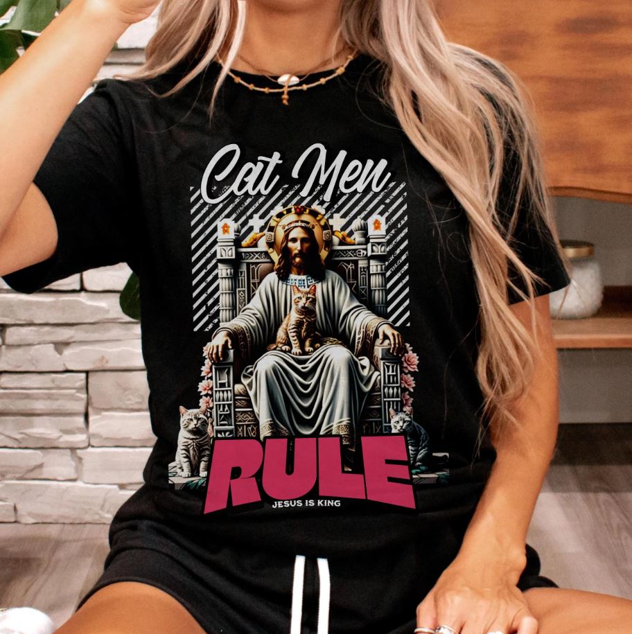 Cat Men Rule Jesus Tee, Cuddling Cat Christian Shirt, Unisex Christian T-Shirt, Funny Cat Lover Gift, Cat Dad Tee