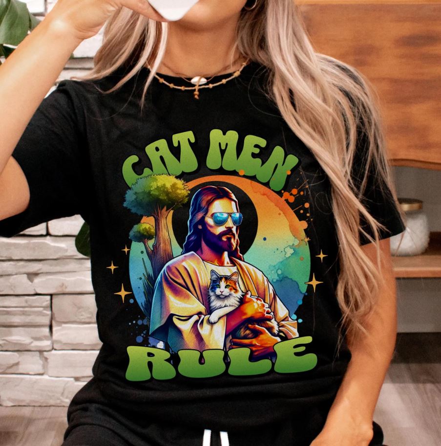 Cat Men Rule Jesus Tee, Cuddling Cat Christian Shirt, Unisex Christian T-Shirt, Funny Cat Lover Gift, Cat Dad Tee
