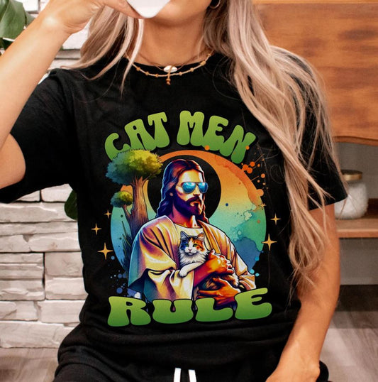 Cat Men Rule Jesus Tee, Cuddling Cat Christian Shirt, Unisex Christian T-Shirt, Funny Cat Lover Gift, Cat Dad Tee