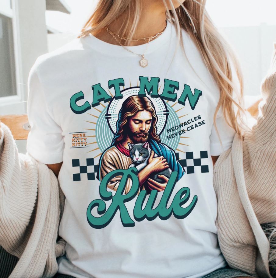 Cat Men Rule Jesus Tee, Cuddling Cat Christian Shirt, Unisex Christian T-Shirt, Funny Cat Lover Gift, Cat Dad Tee