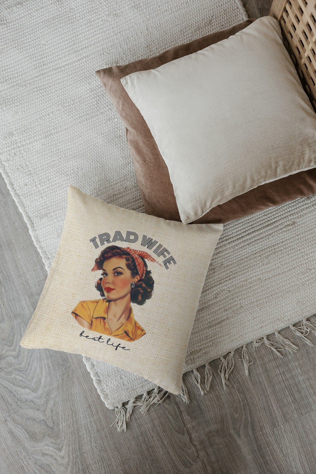 Trad Wife Spun Polyester Square Pillow, Trad Wife Accent Pillow, Fashion Pillows, Vintage Housewife Pillow Gift, Wifely Gift, 1950s Housewife