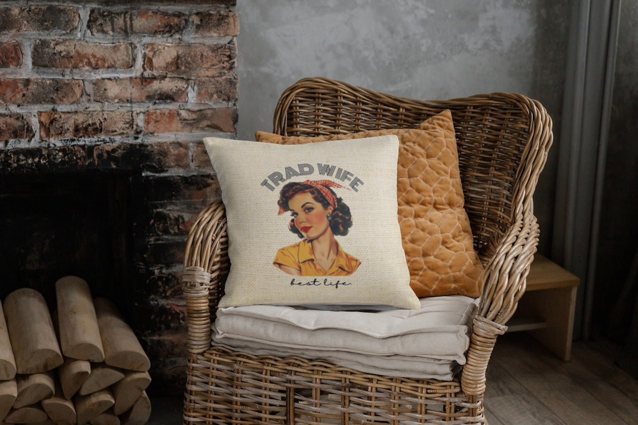 Trad Wife Spun Polyester Square Pillow, Trad Wife Accent Pillow, Fashion Pillows, Vintage Housewife Pillow Gift, Wifely Gift, 1950s Housewife