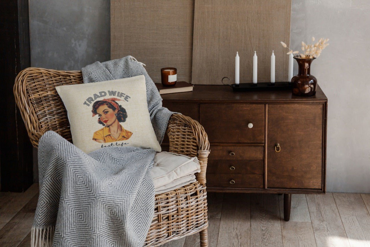 Trad Wife Spun Polyester Square Pillow, Trad Wife Accent Pillow, Fashion Pillows, Vintage Housewife Pillow Gift, Wifely Gift, 1950s Housewife