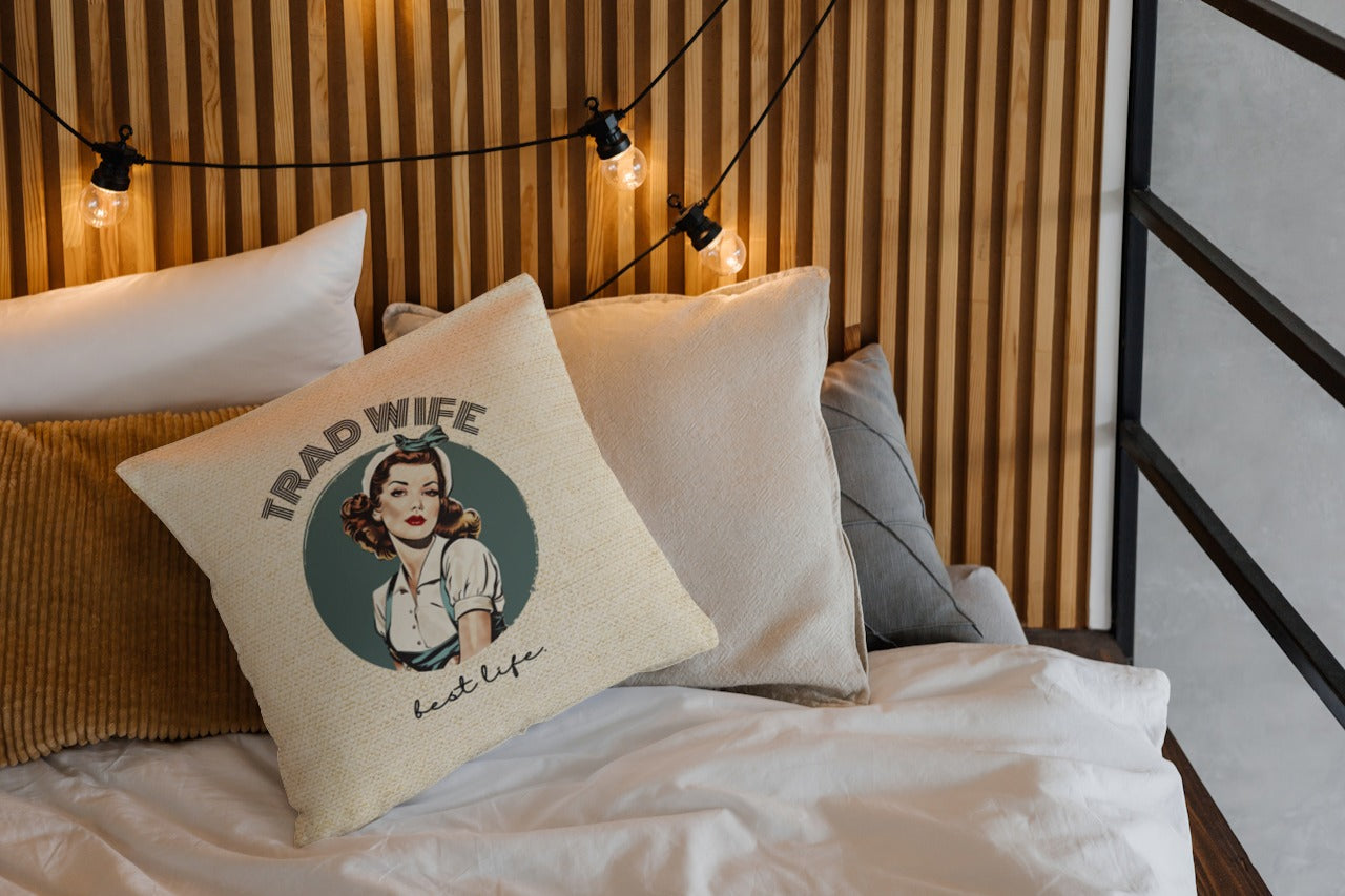 Trad Wife Spun Polyester Square Pillow, Trad Wife Accent Pillow, Fashion Pillows, Vintage Housewife Pillow Gift, Wifely Gift, 1950s Housewife