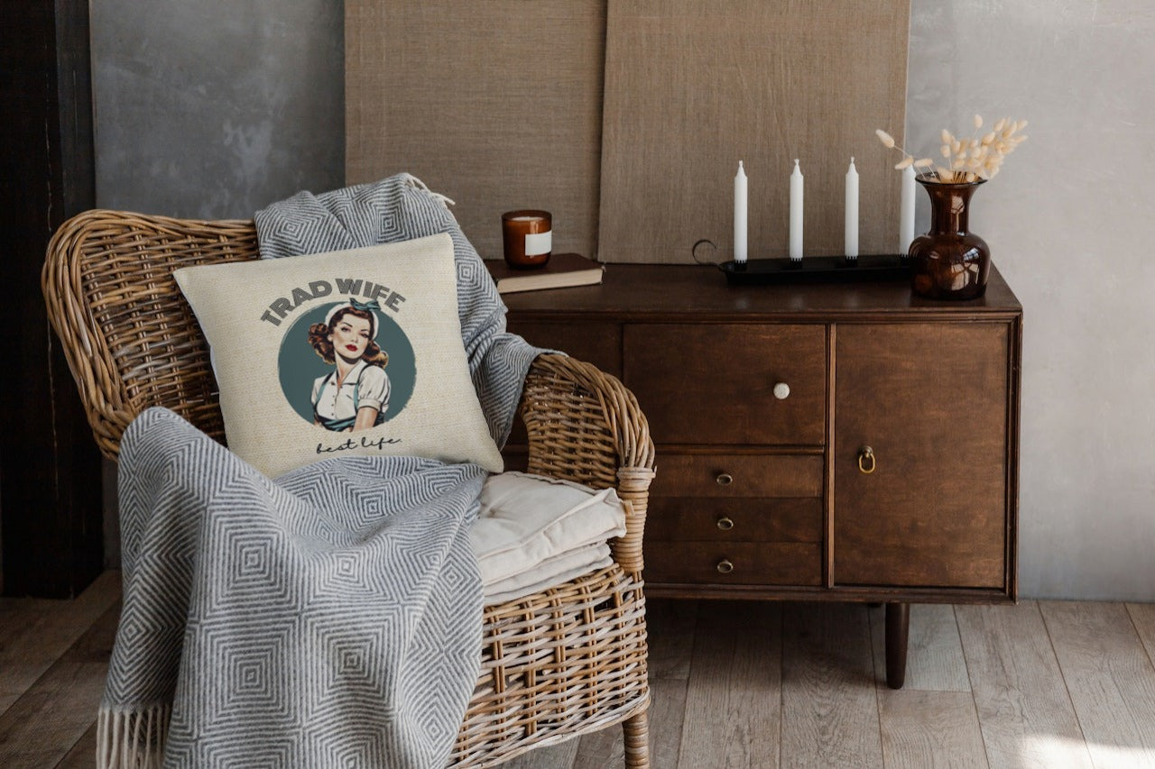 Trad Wife Spun Polyester Square Pillow, Trad Wife Accent Pillow, Fashion Pillows, Vintage Housewife Pillow Gift, Wifely Gift, 1950s Housewife