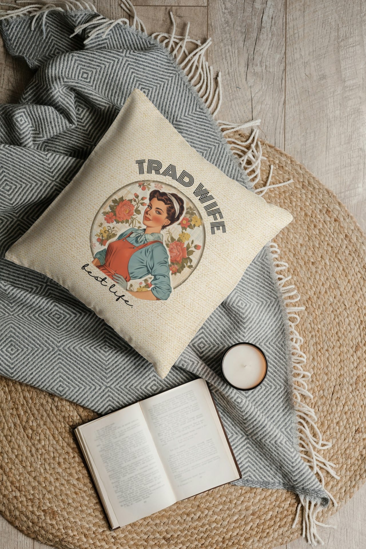 Trad Wife Spun Polyester Square Pillow, Trad Wife Accent Pillow, Fashion Pillows, Vintage Housewife Pillow Gift, Wifely Gift, 1950s Housewife