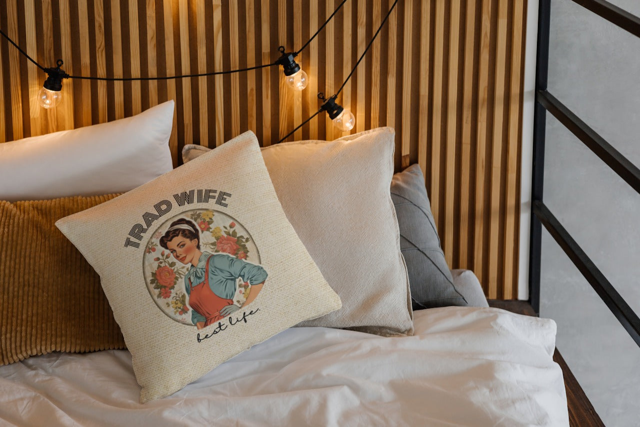 Trad Wife Spun Polyester Square Pillow, Trad Wife Accent Pillow, Fashion Pillows, Vintage Housewife Pillow Gift, Wifely Gift, 1950s Housewife