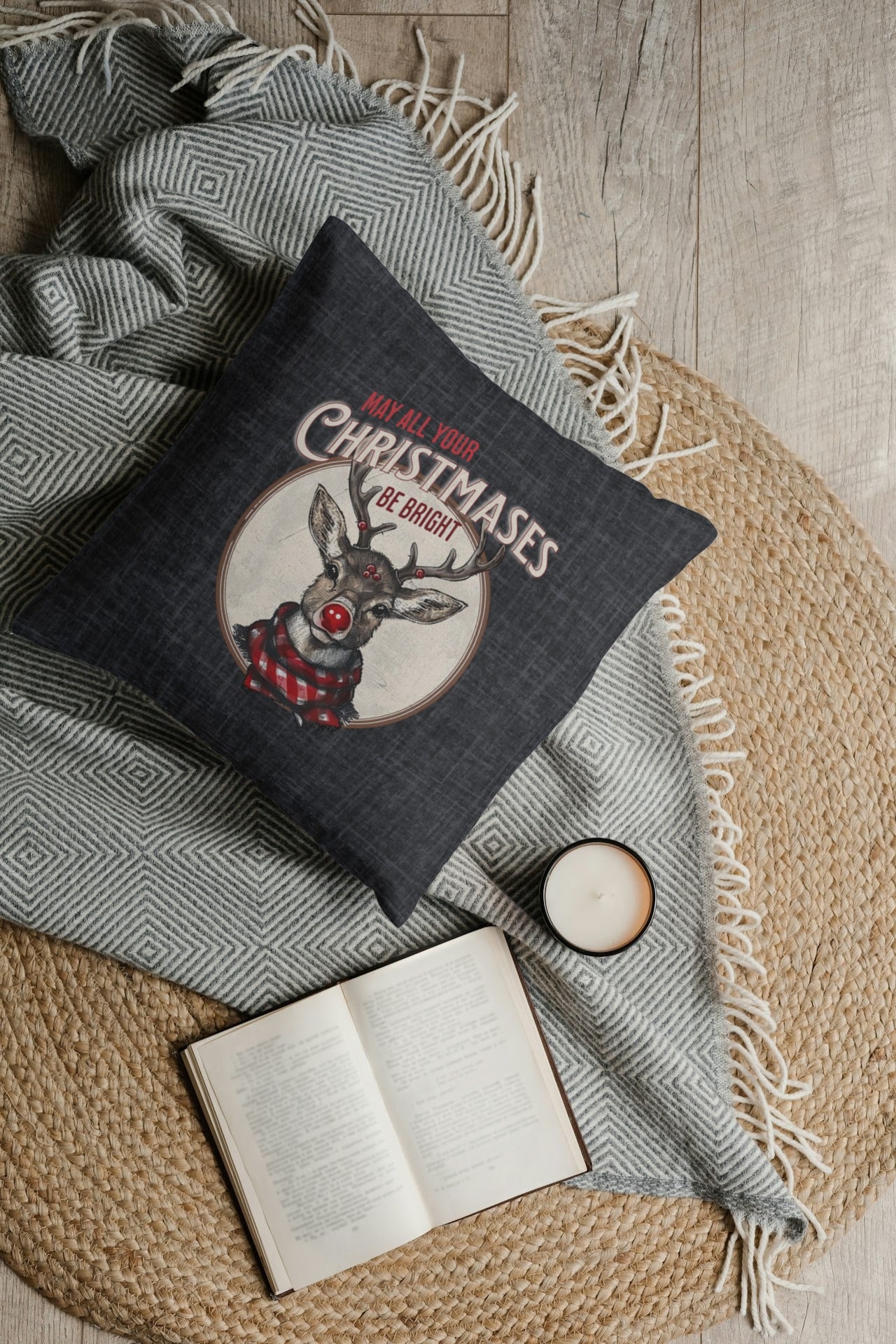 Reindeer Christmas Pillow, Spun Polyester Square, May all your Christmases Be Bright Throw Pillow, Christmas Home Décor Gifts, Secret Santa Gift