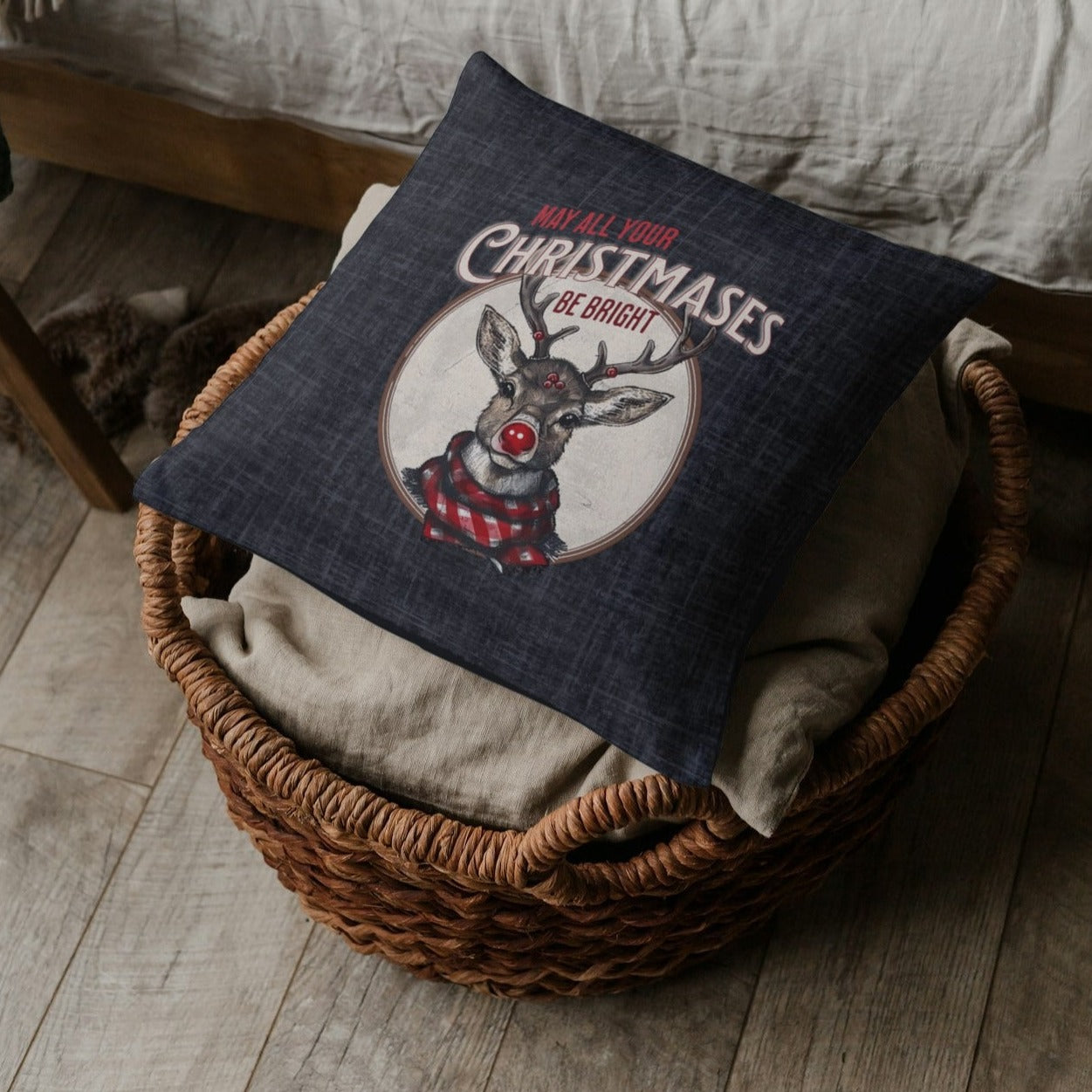 Reindeer Christmas Pillow, Spun Polyester Square, May all your Christmases Be Bright Throw Pillow, Christmas Home Décor Gifts, Secret Santa Gift