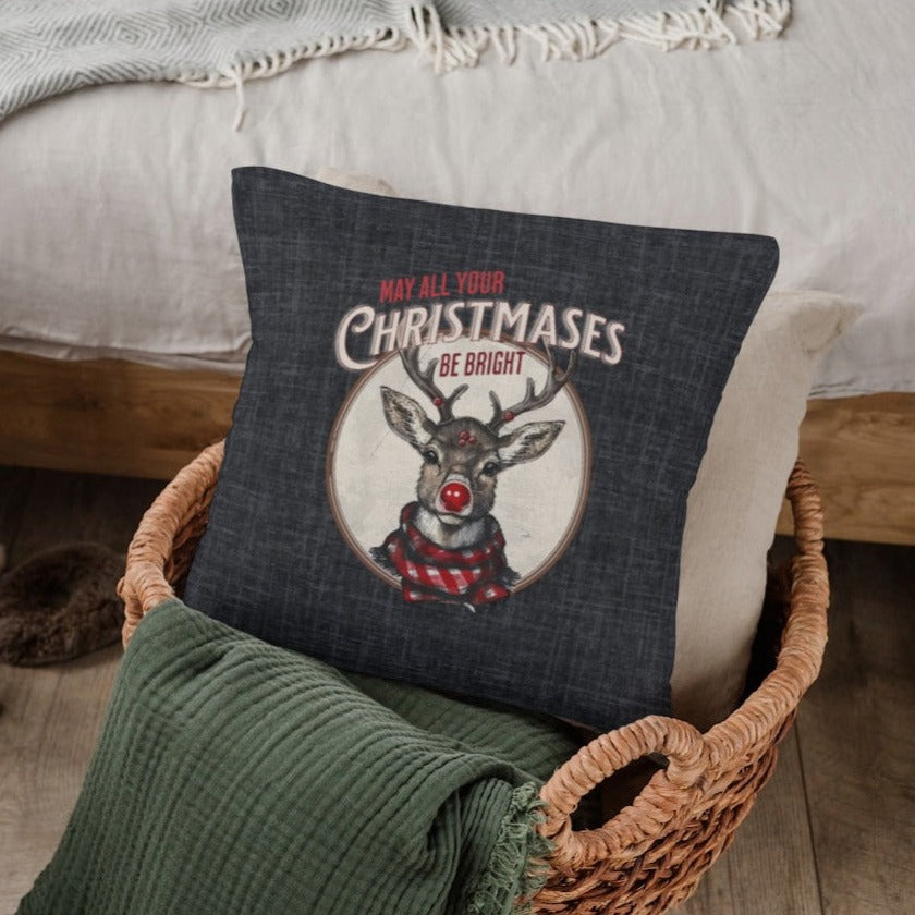 Reindeer Christmas Pillow, Spun Polyester Square, May all your Christmases Be Bright Throw Pillow, Christmas Home Décor Gifts, Secret Santa Gift