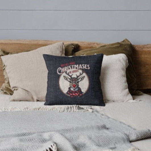 Reindeer Christmas Pillow, Spun Polyester Square, May all your Christmases Be Bright Throw Pillow, Christmas Home Décor Gifts, Secret Santa Gift