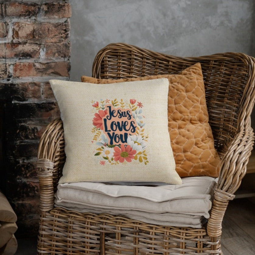 Jesus Loves You Throw Pillow, Spun Polyester Square, Christian Home Décor Items and Gifts, Religious Pillows, Gift for Christian Family and Friends