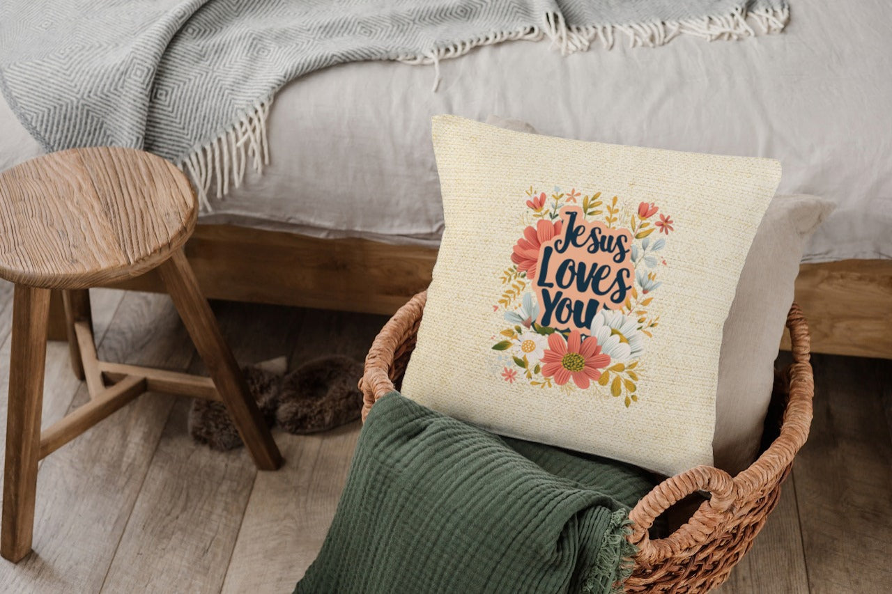 Jesus Loves You Throw Pillow, Spun Polyester Square, Christian Home Décor Items and Gifts, Religious Pillows, Gift for Christian Family and Friends