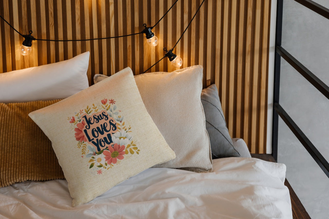 Jesus Loves You Throw Pillow, Spun Polyester Square, Christian Home Décor Items and Gifts, Religious Pillows, Gift for Christian Family and Friends