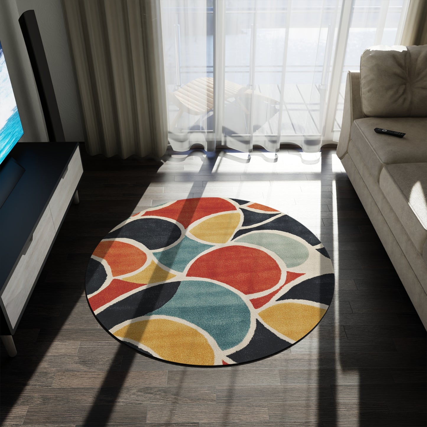 Retro Round Area Rug, Funky, Colorful Cool Unique Area Rugs, Unique 60" Round Rug, Custom Print Available