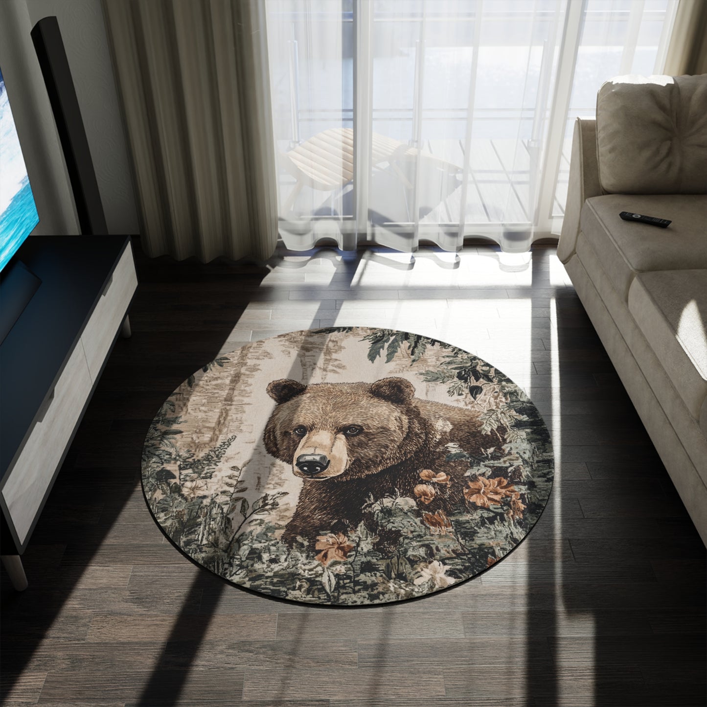 William Morris Inspired Round Bear Area Rug, Funky, Colorful & Unique Area Rugs, Unique 60" Round Rug, Woodland Animal Forest Rug