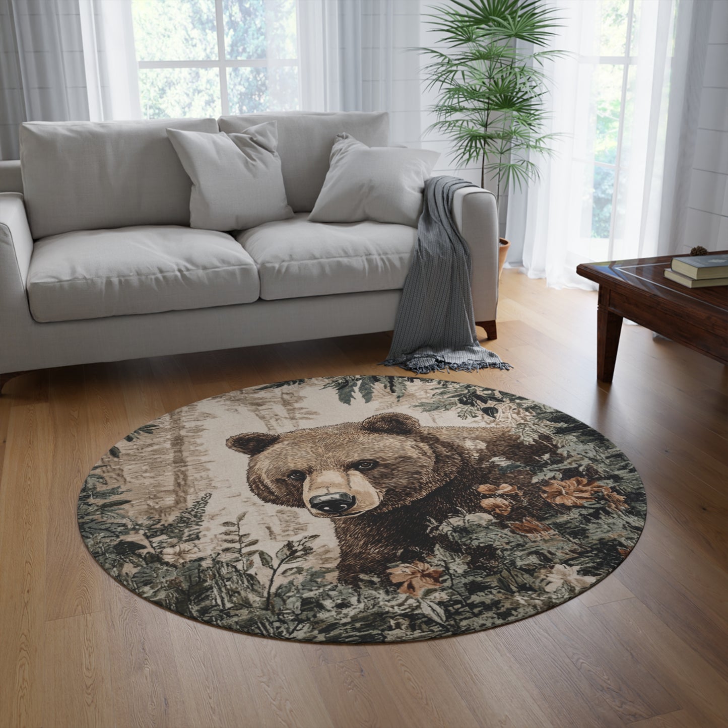William Morris Inspired Round Bear Area Rug, Funky, Colorful & Unique Area Rugs, Unique 60" Round Rug, Woodland Animal Forest Rug