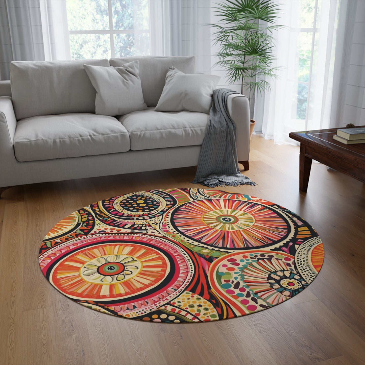 Retro Round Area Rug, Funky, Colorful Cool Unique Area Rugs, Unique 60" Round Rug, Custom Print Available