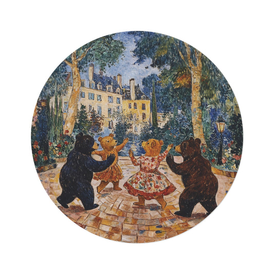 Round Dancing Bears Area Rug, Funky, Colorful & Unique Area Rugs, Unique 60" Round Rug, Woodland Animal Forest Rug, Woodland Nursery Rug