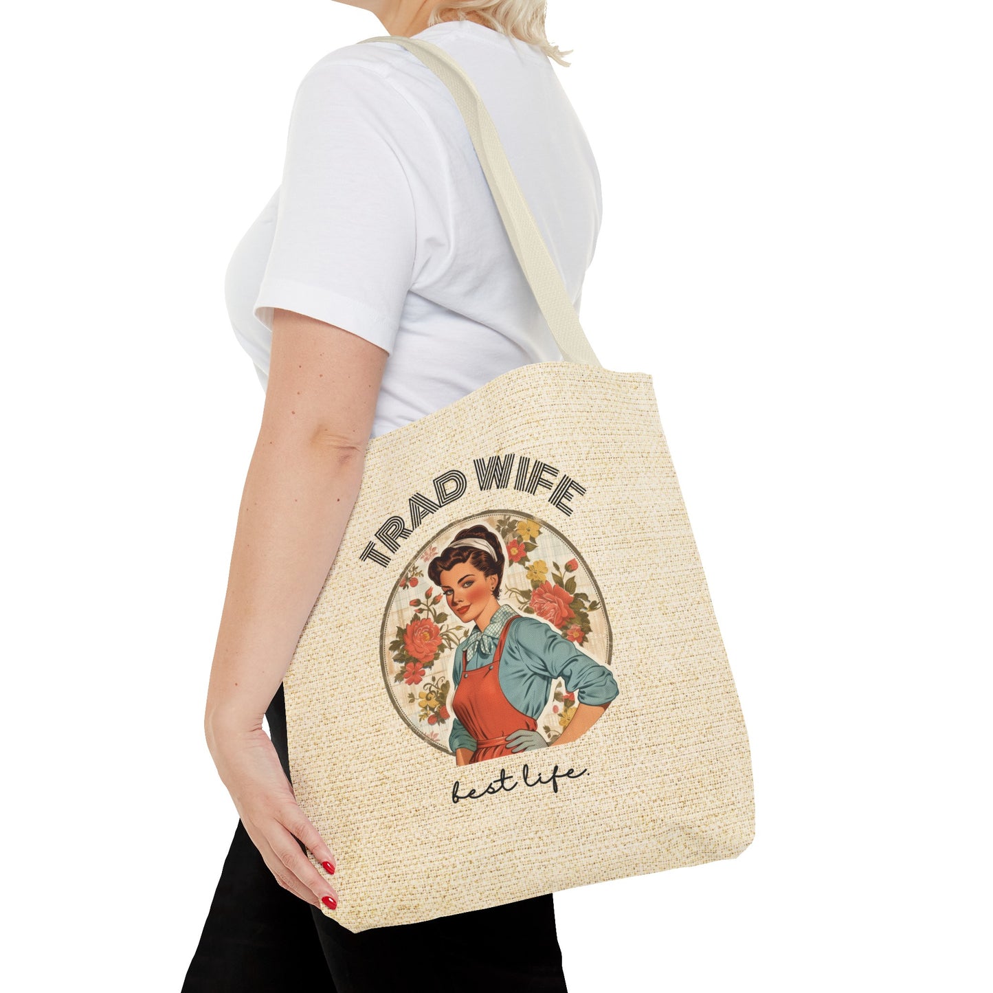 Trad Wife Tote Bag (AOP), Wifey Travel Bag, Wifely Gift, Vintage Housewife Overnight Bag, Trad Wife Accessories, Getaway Bag, Bible Bag, Book Bag, Beach Bag