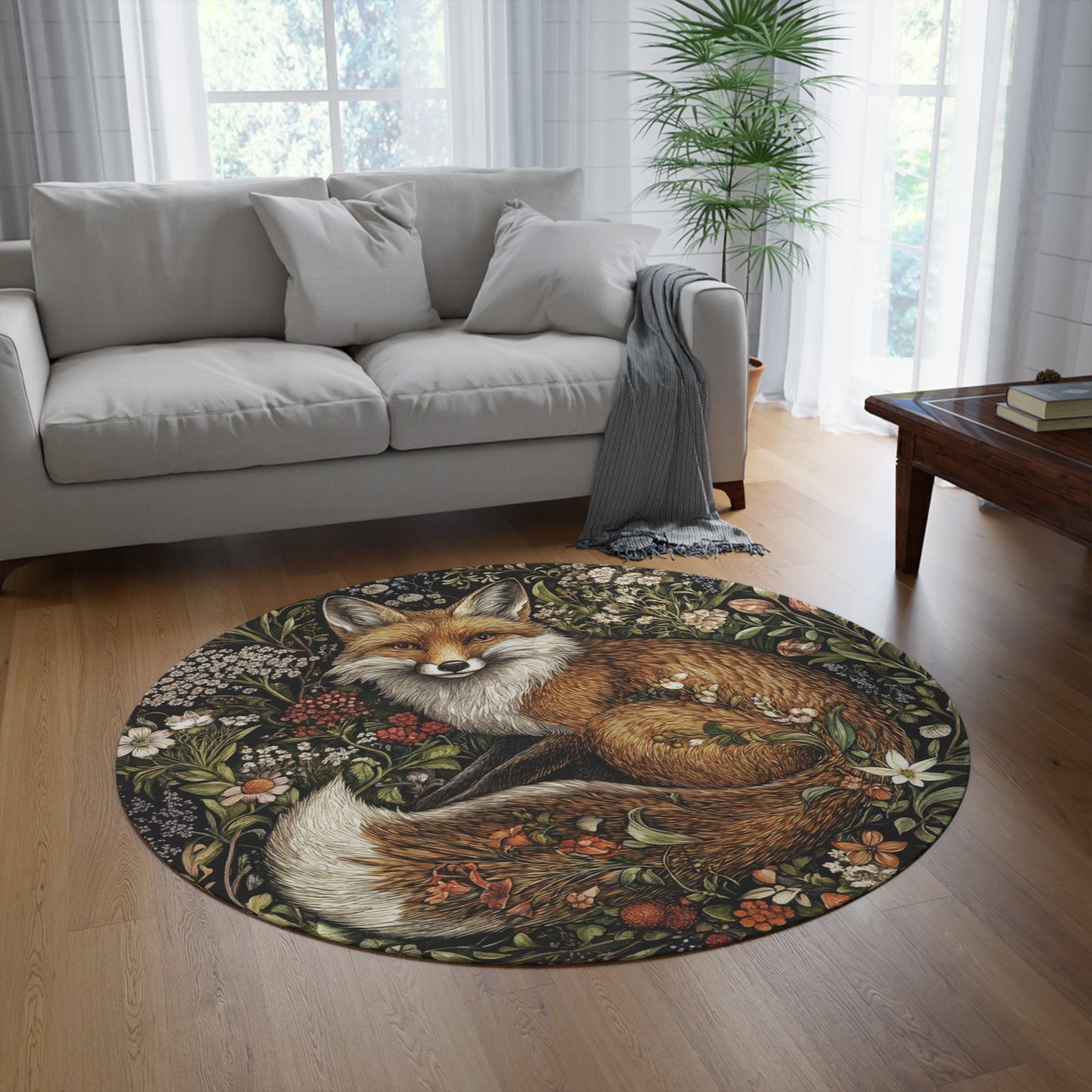 William Morris Inspired Round Fox Area Rug, Funky, Colorful & Unique Area Rugs, Unique 60" Round Rug, Woodland Animal Forest Rug