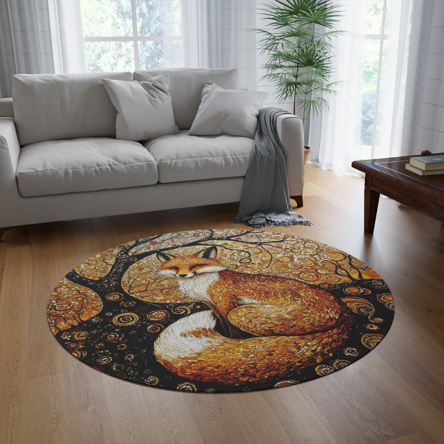 Gustav Klimt Inspired Round Fox Area Rug, Funky, Colorful & Unique Area Rugs, Unique 60" Round Rug, Woodland Animal Forest Rug