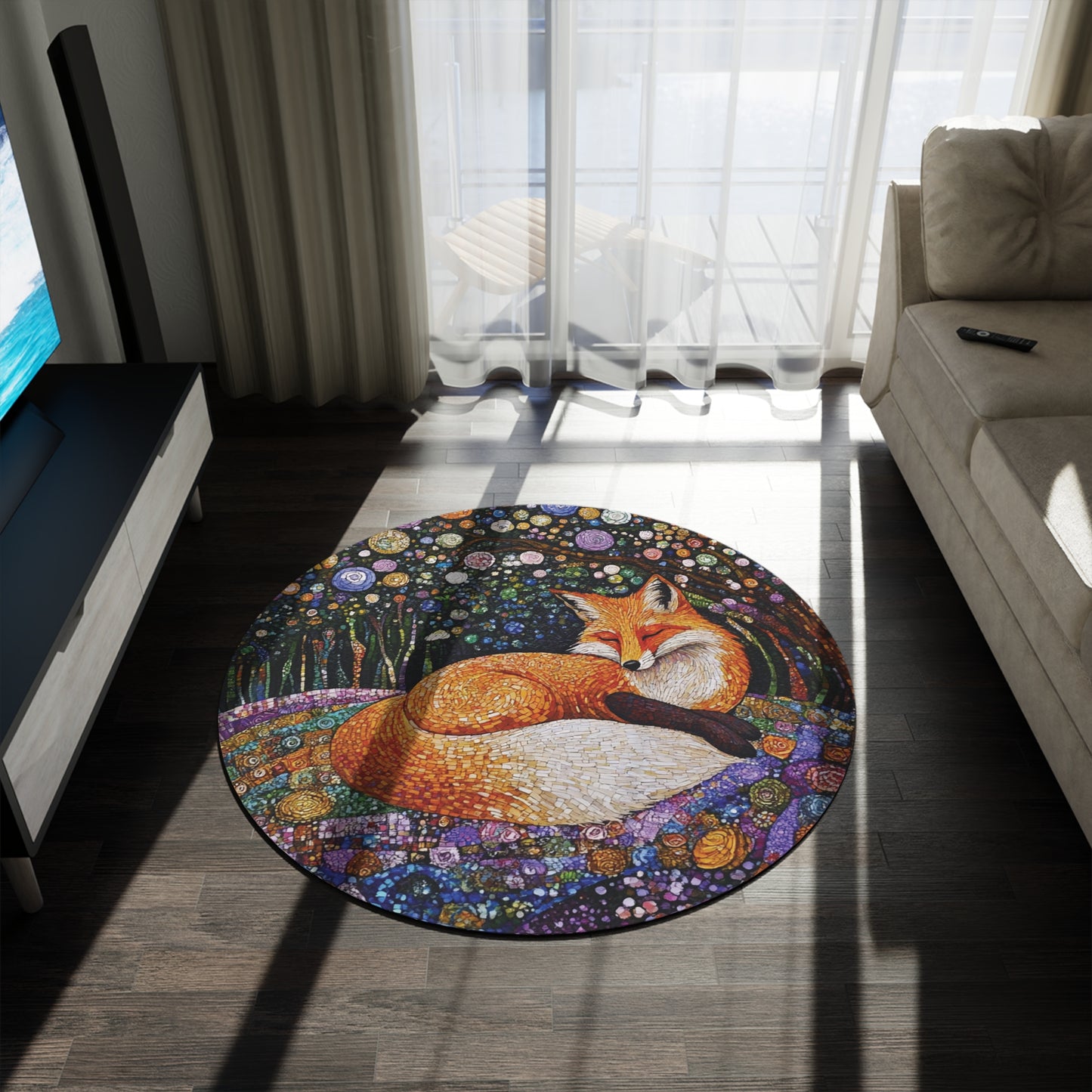 Gustav Klimt Inspired Round Fox Area Rug, Funky, Colorful & Unique Area Rugs, Unique 60" Round Rug, Woodland Animal Forest Rug