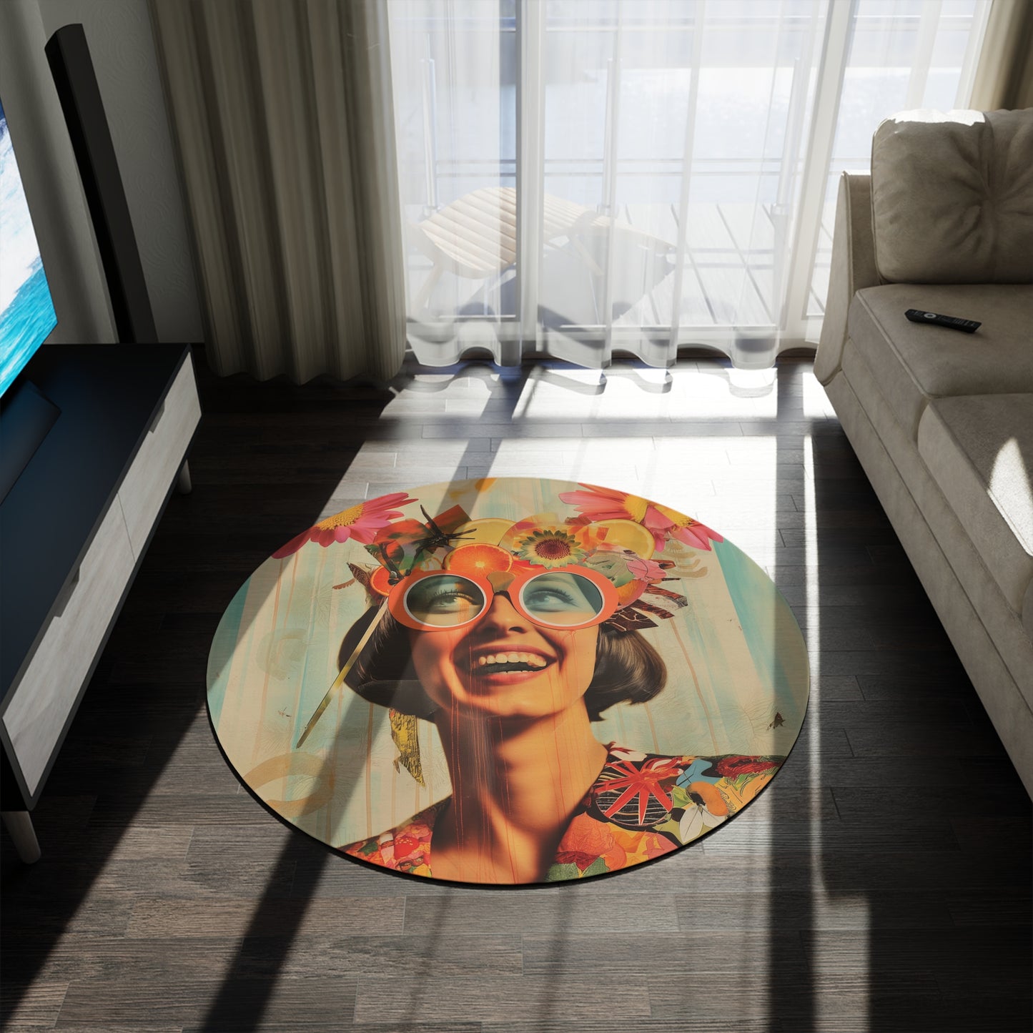 Funky Collage Art Round Area Rug, Funky, Colorful Cool Unique Area Rugs, Unique 60" Round Rug, Custom Print Available
