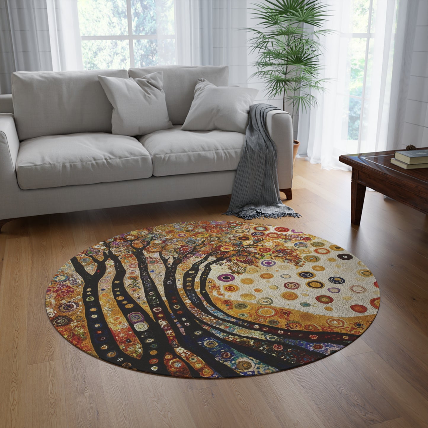 Gustav Klimt Inspired Round Area Rug, Funky, Colorful & Unique Area Rugs, Unique 60" Round Rug, Woodland Forest Rug