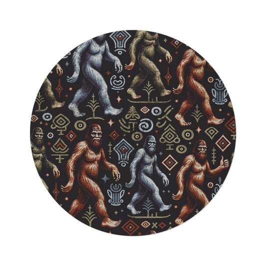 Round Rug for Bigfoot Fans, Funky Sasquatch Area Rug, Colorful Yeti Décor, Cryptid Camper Gift, Unique 60" Round Rug, Yeti Pattern Rug