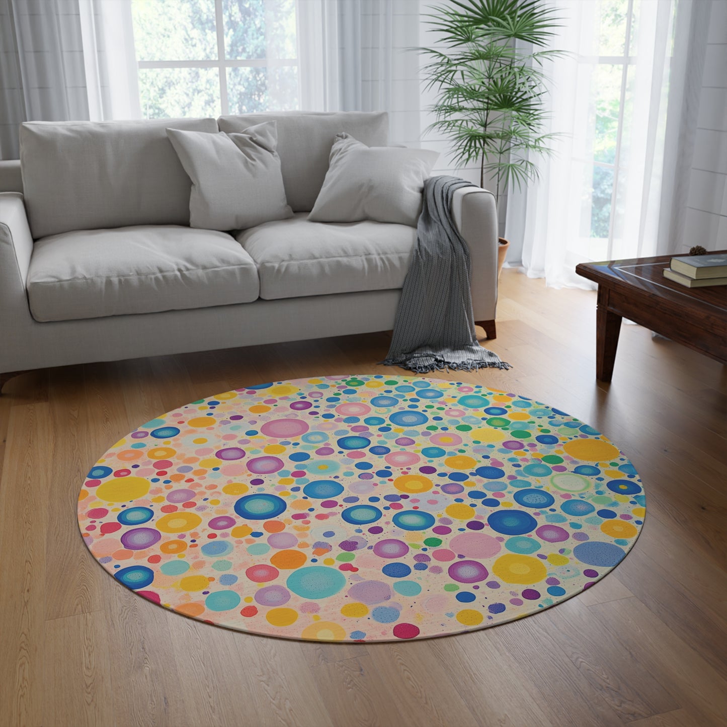 Retro Polka Dot Round Area Rug, Funky, Colorful Cool Unique Area Rugs, Unique 60" Round Rug, Custom Print Available