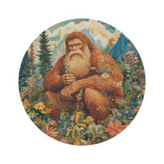 Round Rug for Bigfoot Fans, Funky Sasquatch Area Rug, Colorful Yeti Décor, Cryptid Camper Gift, Unique 60" Round Rug, Sasquatch Gifts