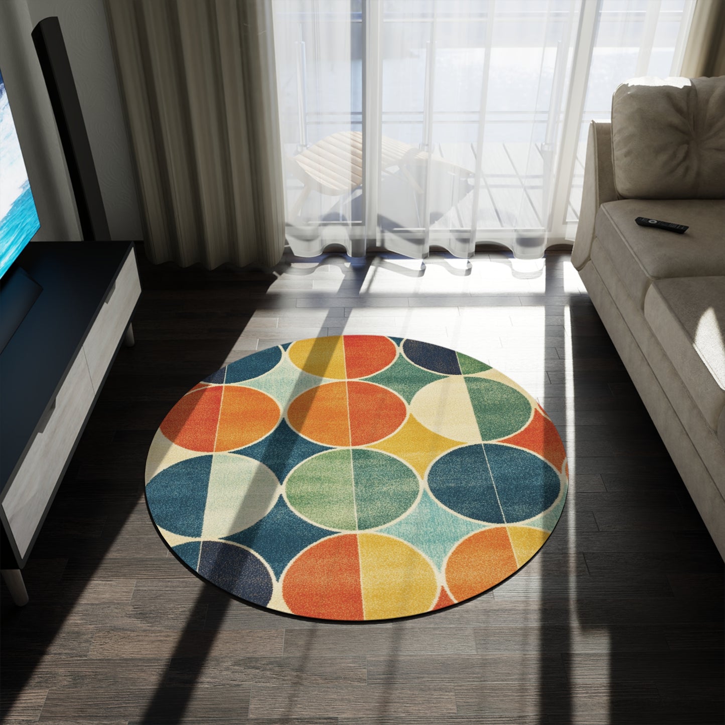 Retro Round Area Rug, Funky, Colorful Cool Unique Area Rugs, Unique 60" Round Rug, Custom Print Available