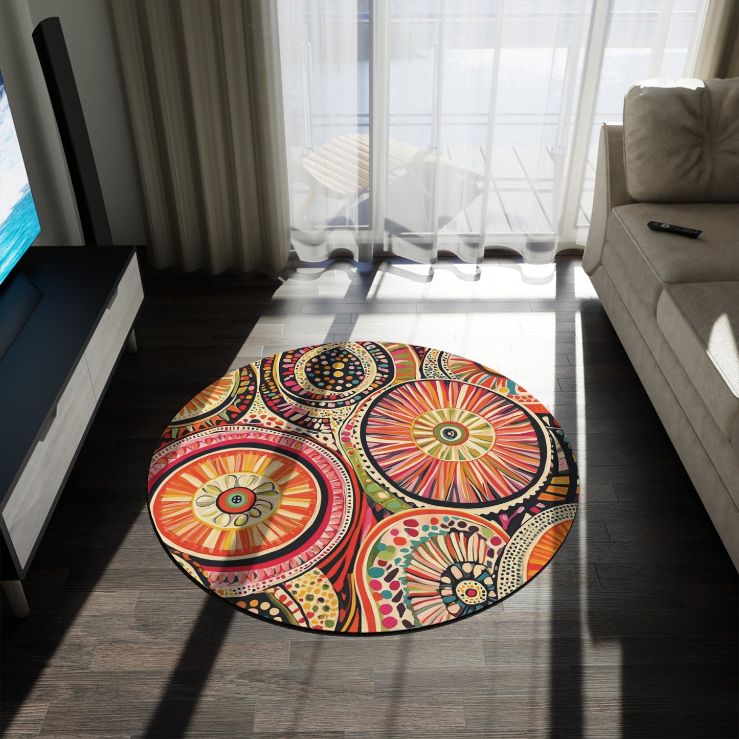Retro Round Area Rug, Funky, Colorful Cool Unique Area Rugs, Unique 60" Round Rug, Custom Print Available