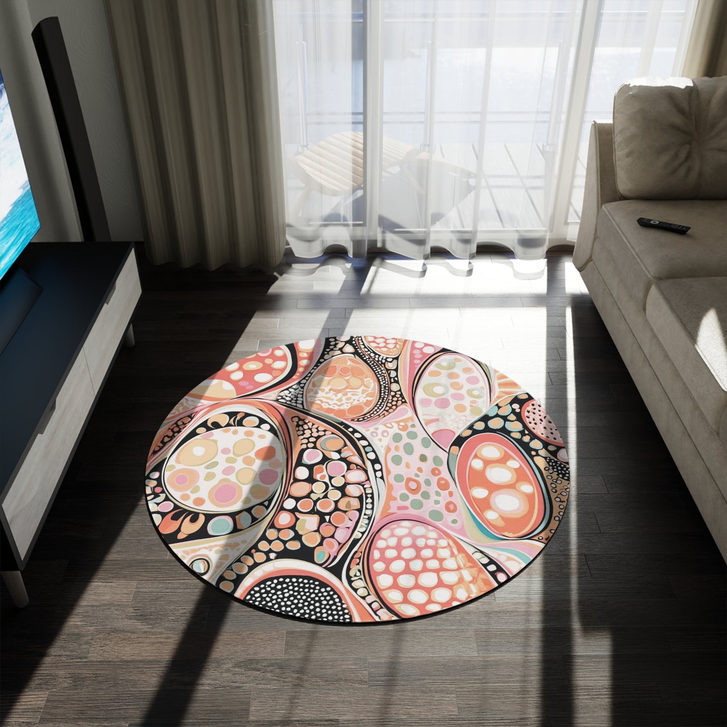 Retro Round Area Rug, Funky, Colorful Cool Unique Area Rugs, Unique 60" Round Rug, Custom Print Available