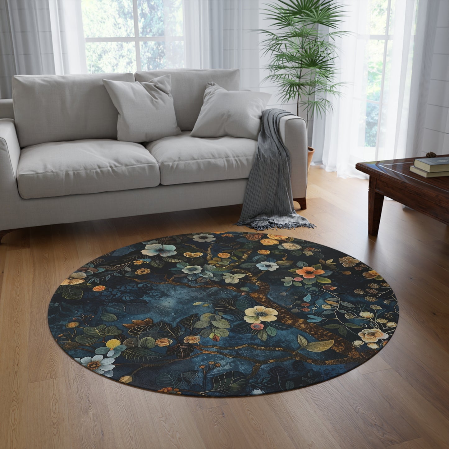 Woodland Floral Botanical Round Area Rug, Funky, Colorful Cool Unique Area Rugs, Unique 60" Round Rug, Custom Print Available