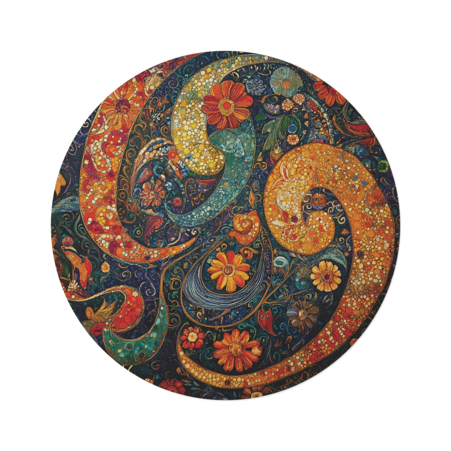 Retro Gustav Klimt Inspired Round Paisley Area Rug, Funky, Colorful & Unique Area Rugs, Unique 60" Round Rug, Woodland Forest Rug