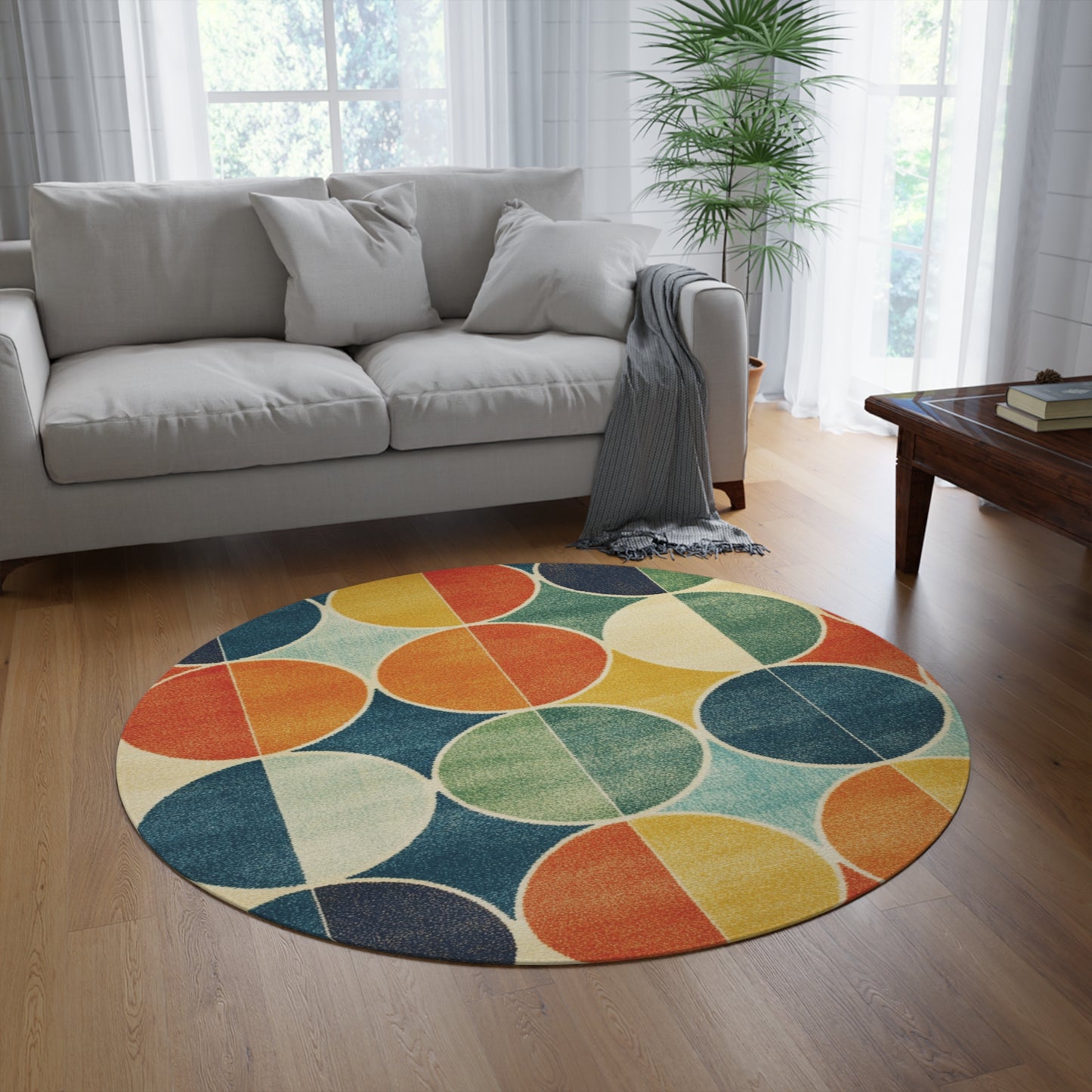 Retro Round Area Rug, Funky, Colorful Cool Unique Area Rugs, Unique 60" Round Rug, Custom Print Available