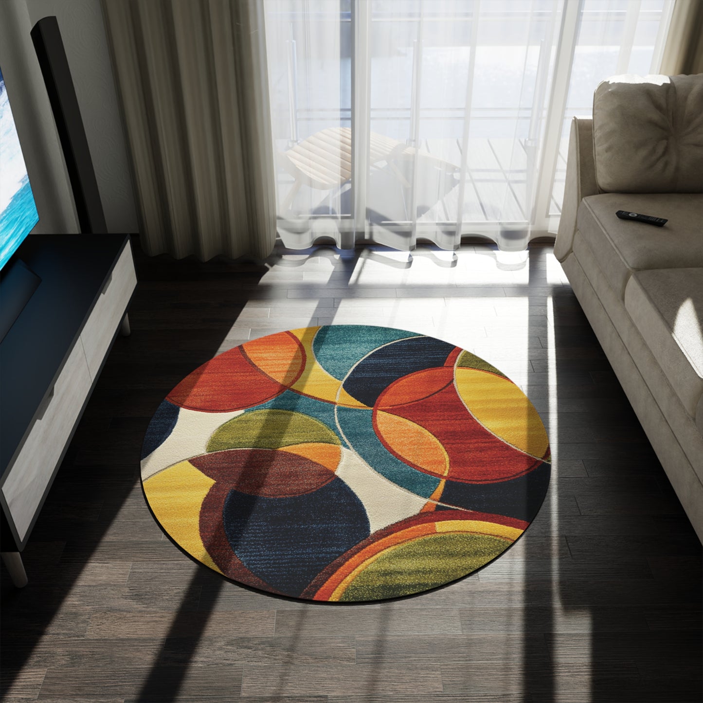 Retro Round Area Rug, Funky, Colorful Cool Unique Area Rugs, Unique 60" Round Rug, Custom Print Available