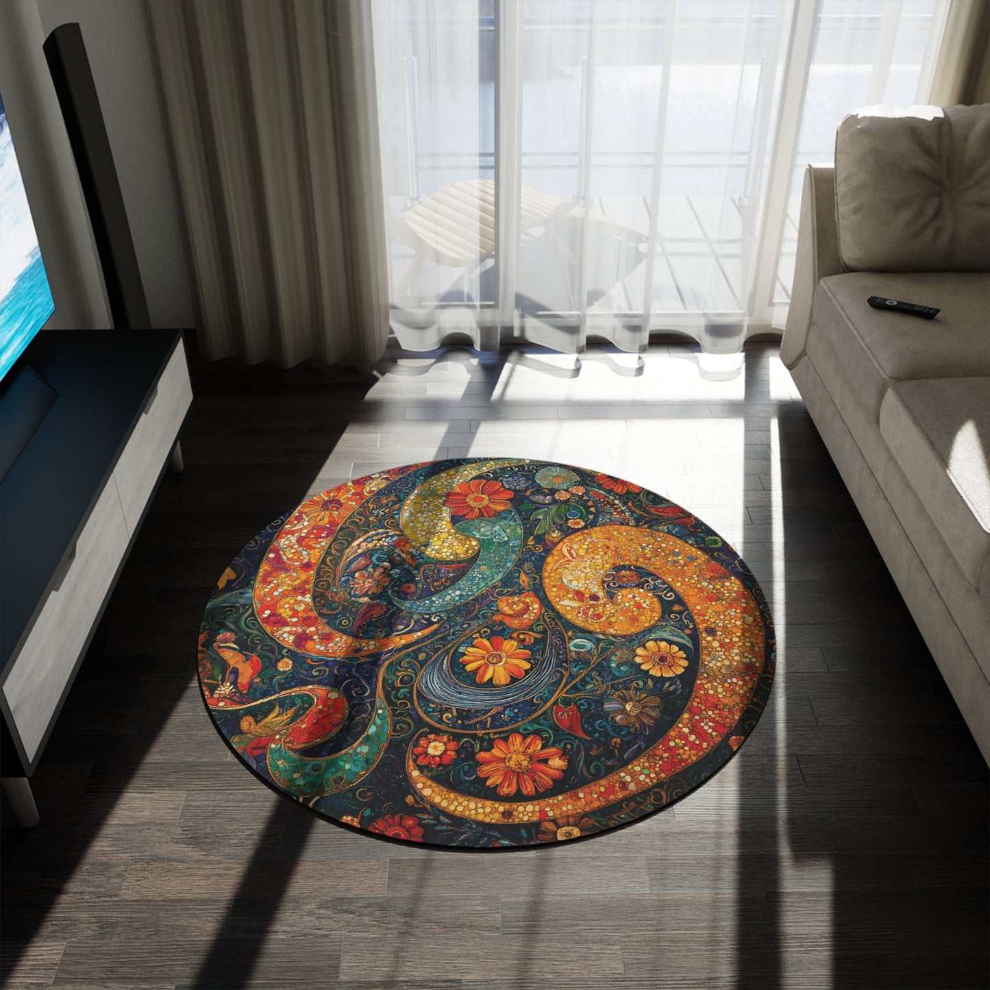 Retro Gustav Klimt Inspired Round Paisley Area Rug, Funky, Colorful & Unique Area Rugs, Unique 60" Round Rug, Woodland Forest Rug